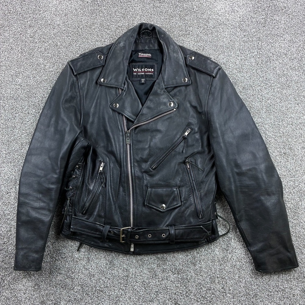 Vintage Wilsons Leather Motorcycle Jacket Mens M Black‎ Biker Lined Distressed